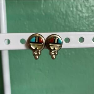 Vintage Zuni Sun God Post Earrings, Silver with Shell and Stone Inlay
